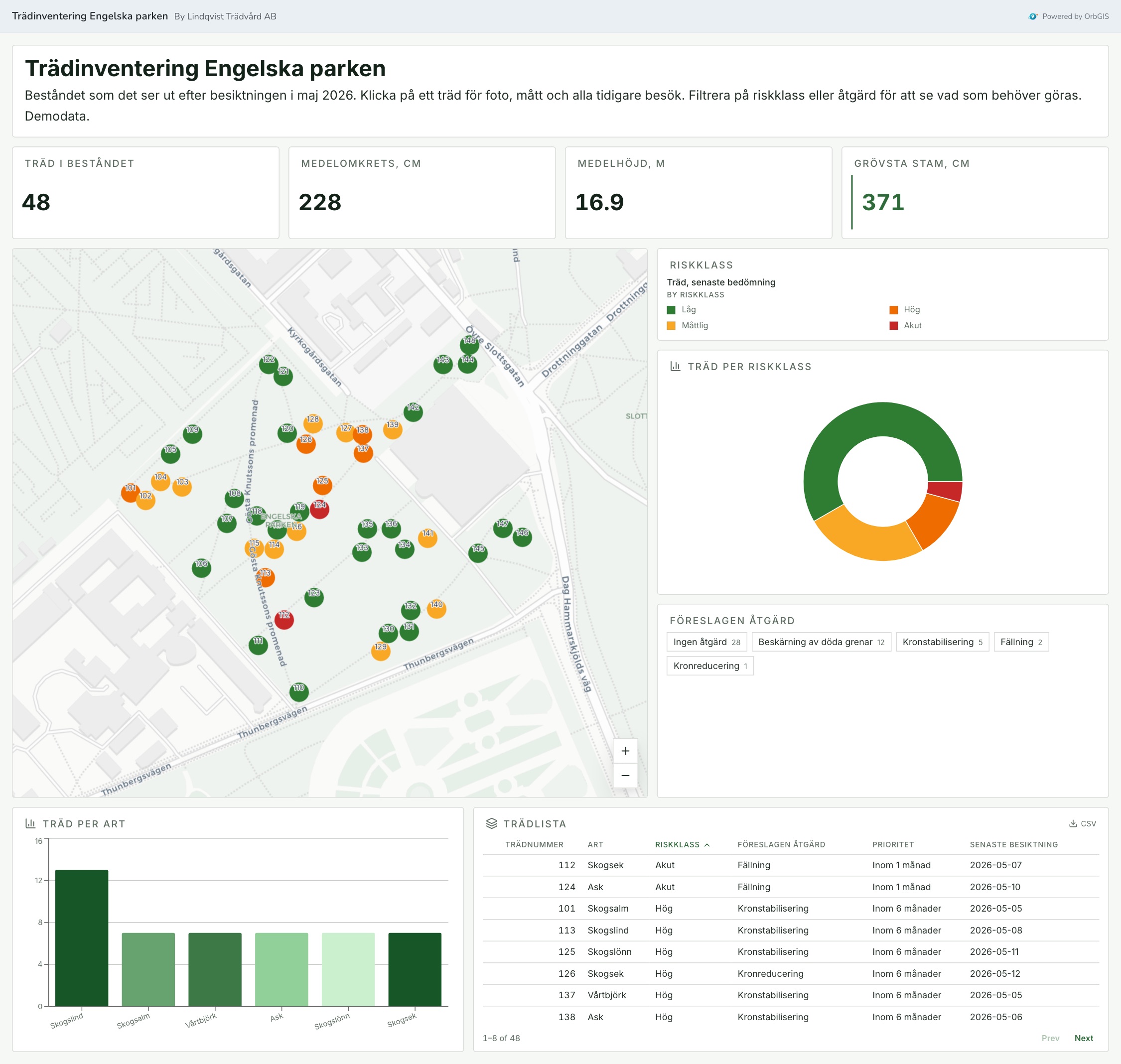 Beståndet i Engelska parken som beställaren ser det: kartan med träden färgade efter riskklass, nyckeltal, träd per riskklass och en trädlista